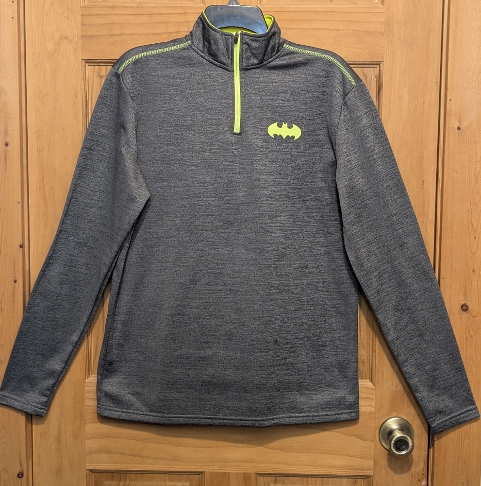 Batman DC Comic 1/4 Zip Pullover Small Gray Yellow Logo Sweater Activewear Retro